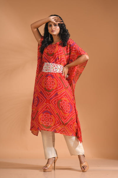 Morchari Bandhani Kaftan And Golden Pant With Hand Embroidery - Red - Distacart