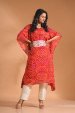 Thumbnail for Morchari Bandhani Kaftan And Golden Pant With Hand Embroidery - Red