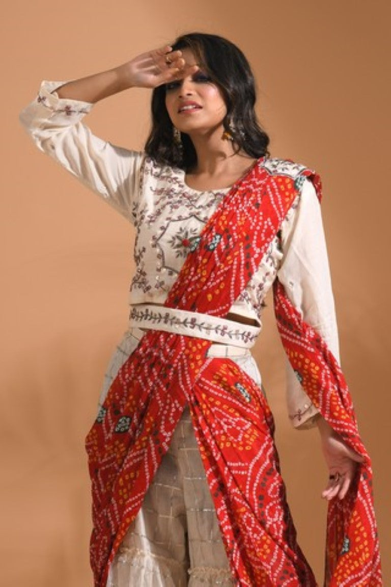 Morchari Sharara Set Attached With Dupatta With Hand Embroidery - Cream - Distacart