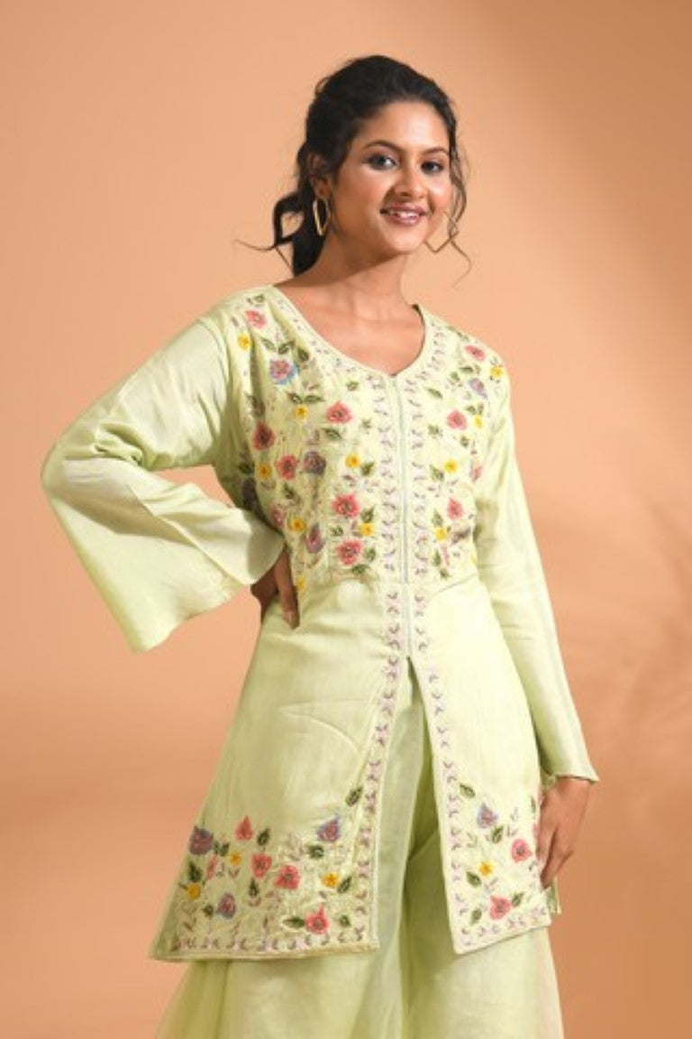 Morchari Co Ord Set With Hand Embroidery - Green - Distacart