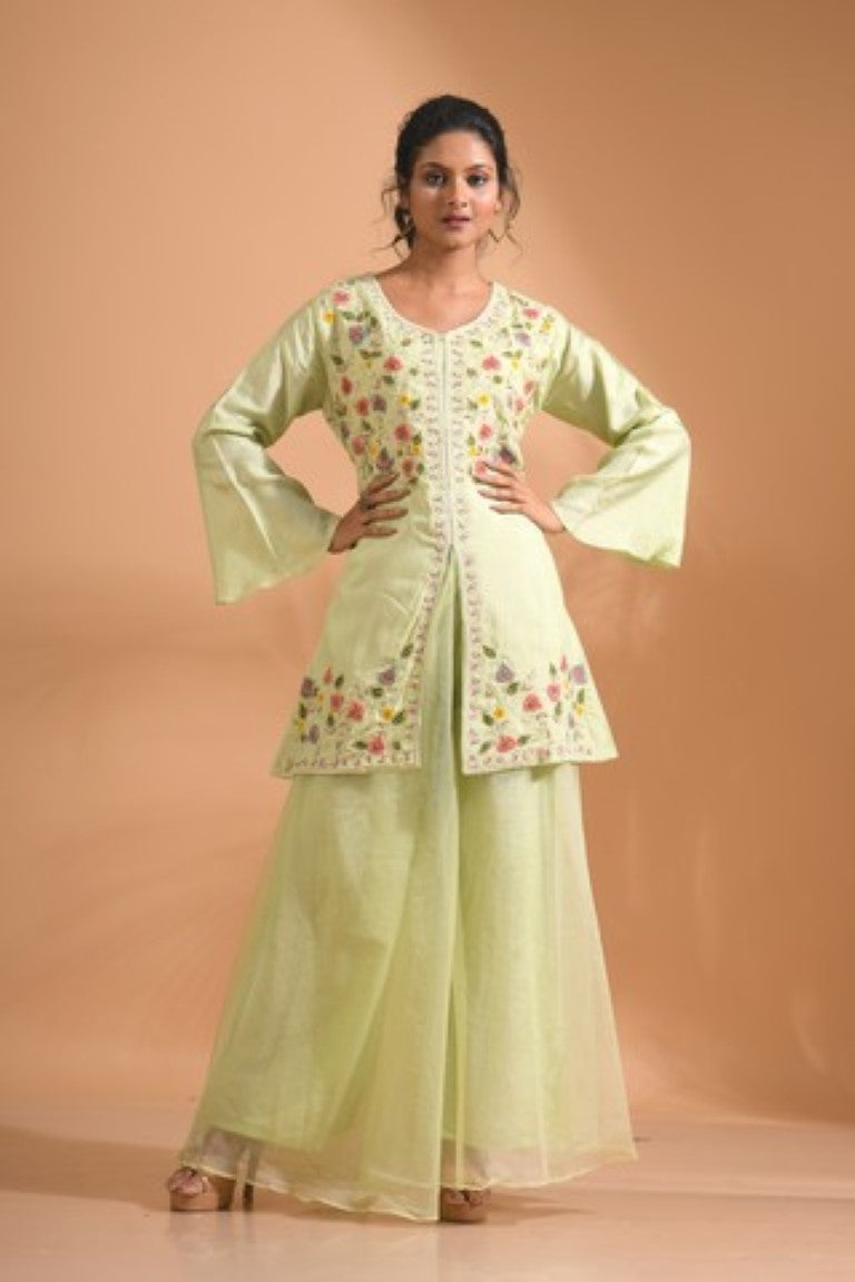 Morchari Co Ord Set With Hand Embroidery - Green - Distacart