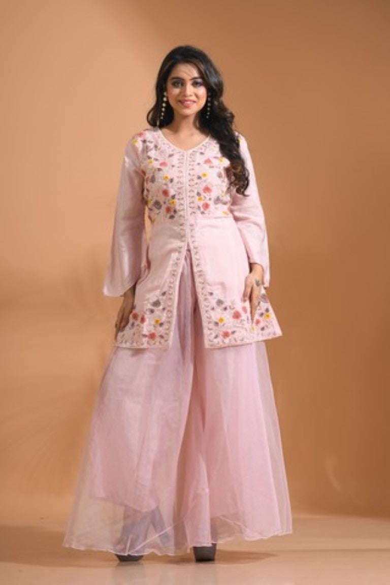 Morchari Co Ord Set With Hand Embroidery - Light Peach - Distacart