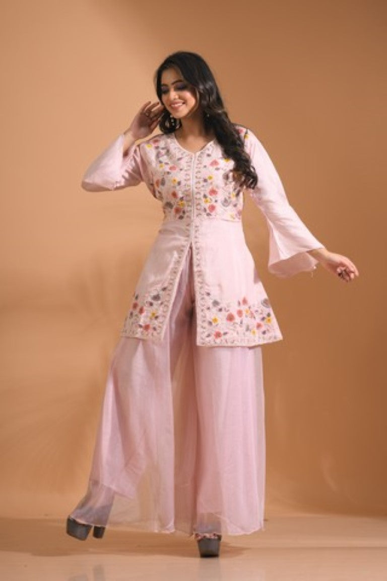 Morchari Co Ord Set With Hand Embroidery - Light Peach - Distacart