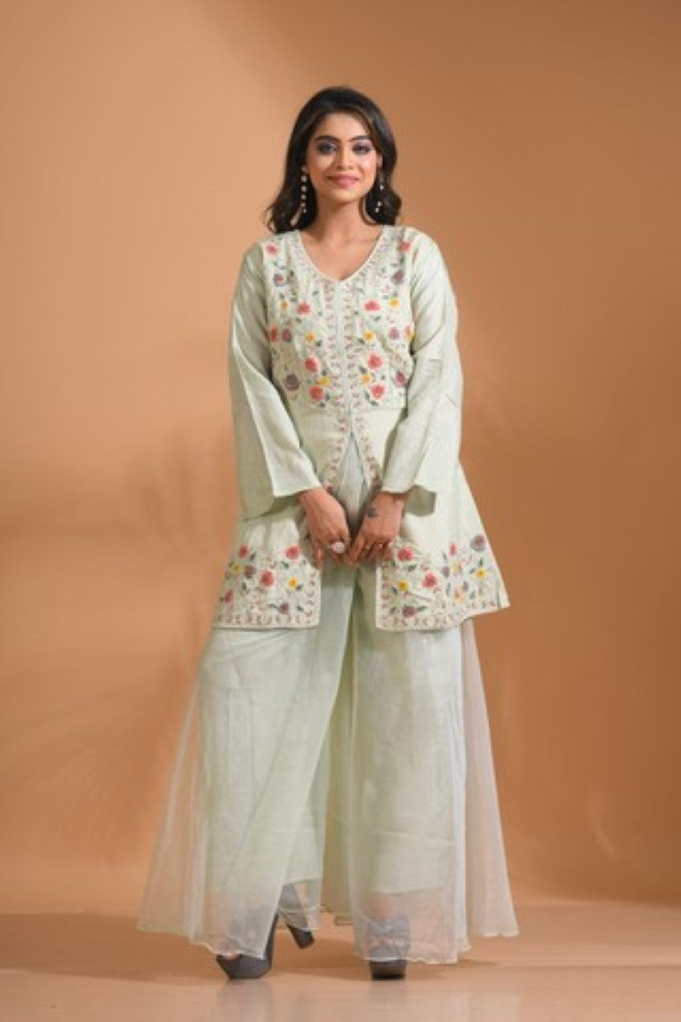 Morchari Co Ord Set With Hand Embroidery - Light Green - Distacart