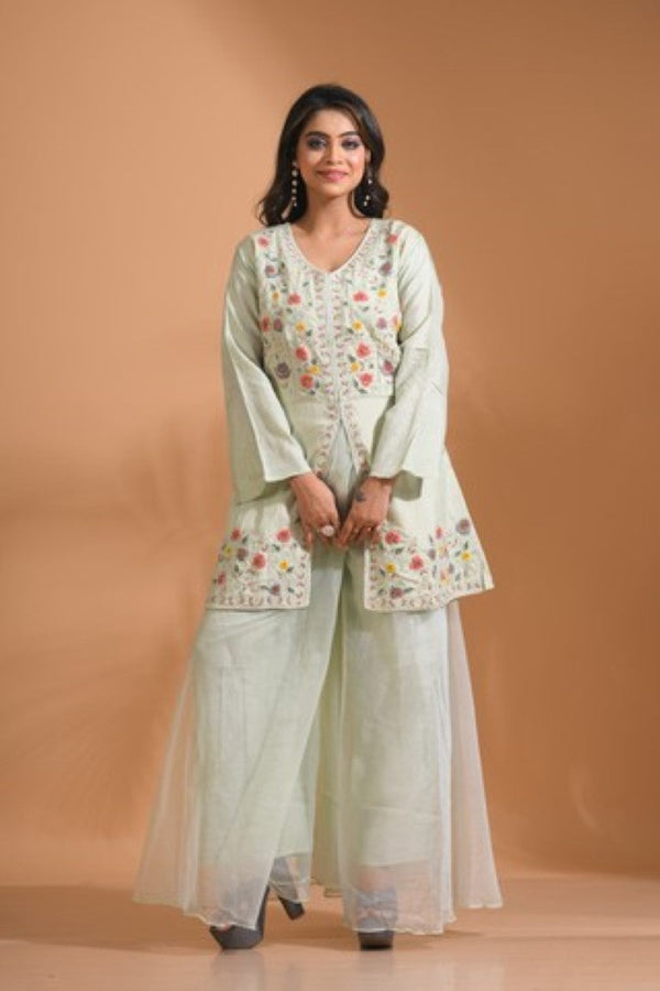 Morchari Co Ord Set With Hand Embroidery - Light Green