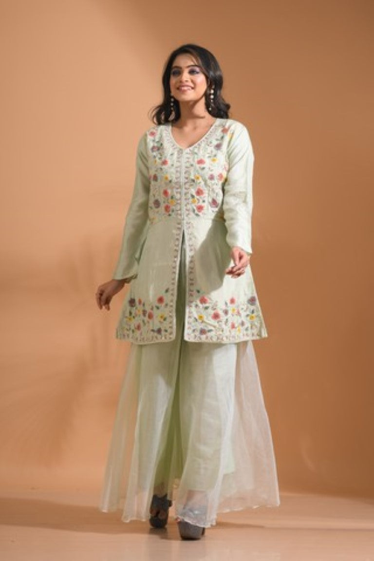 Morchari Co Ord Set With Hand Embroidery - Light Green - Distacart