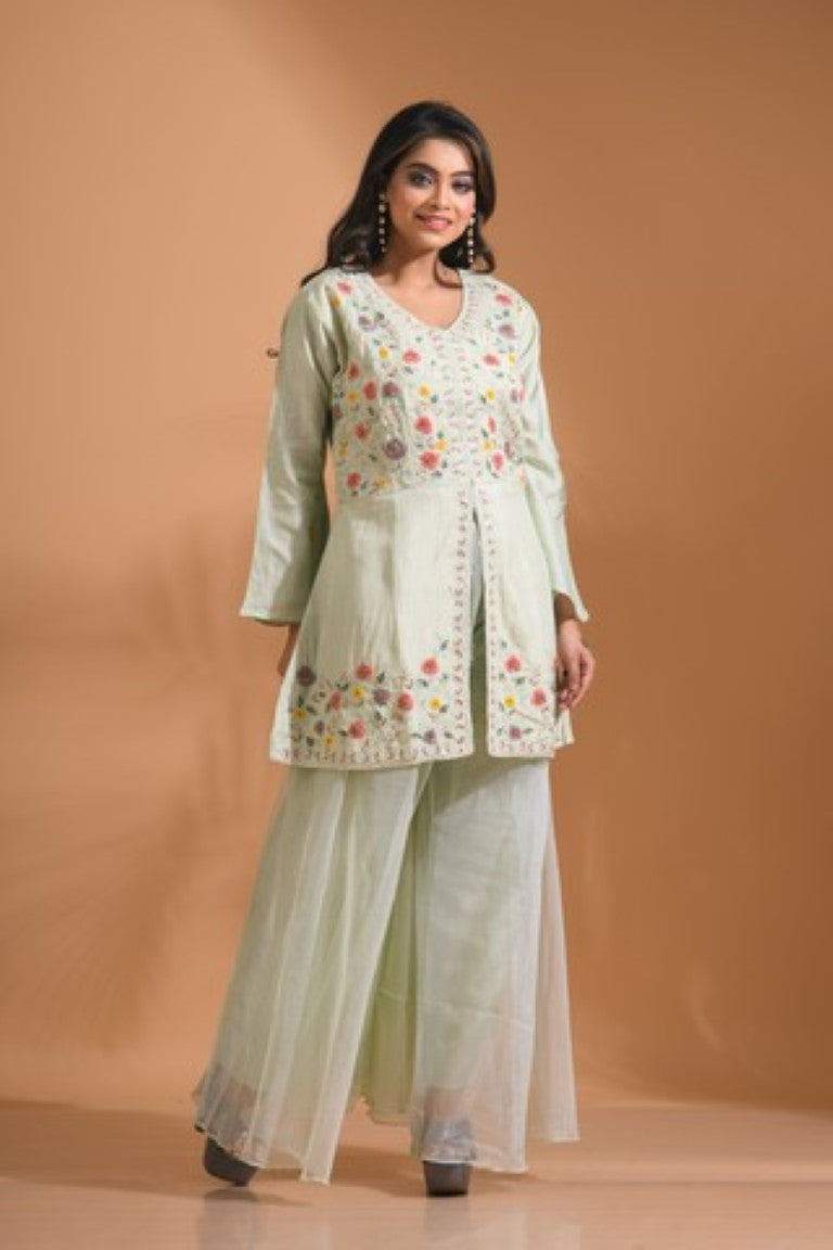 Morchari Co Ord Set With Hand Embroidery - Light Green