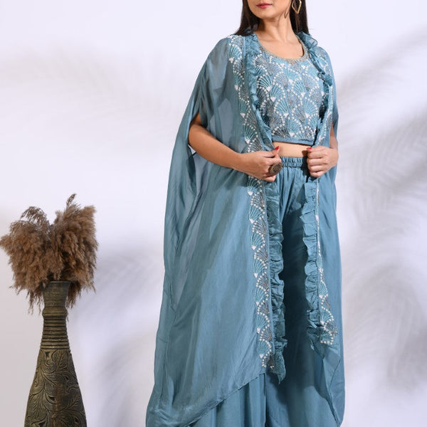 Morchari Top Palazzo With Jacket With Hand Embroidery - Blue - Distacart