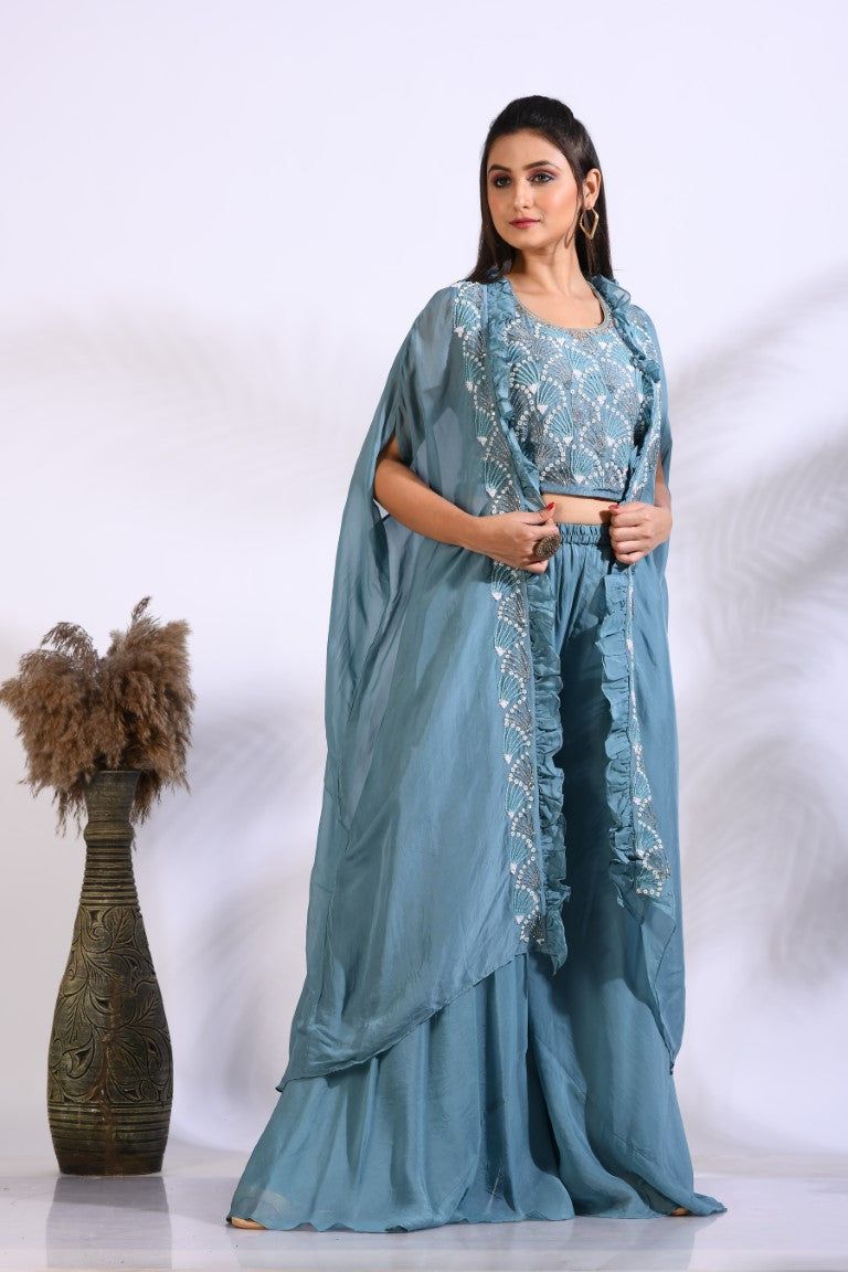 Morchari Top Palazzo With Jacket With Hand Embroidery - Blue - Distacart