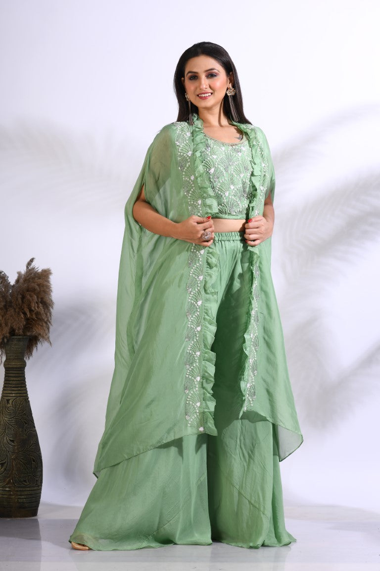 Morchari Top Palazzo With Jacket With Hand Embroidery - Green - Distacart