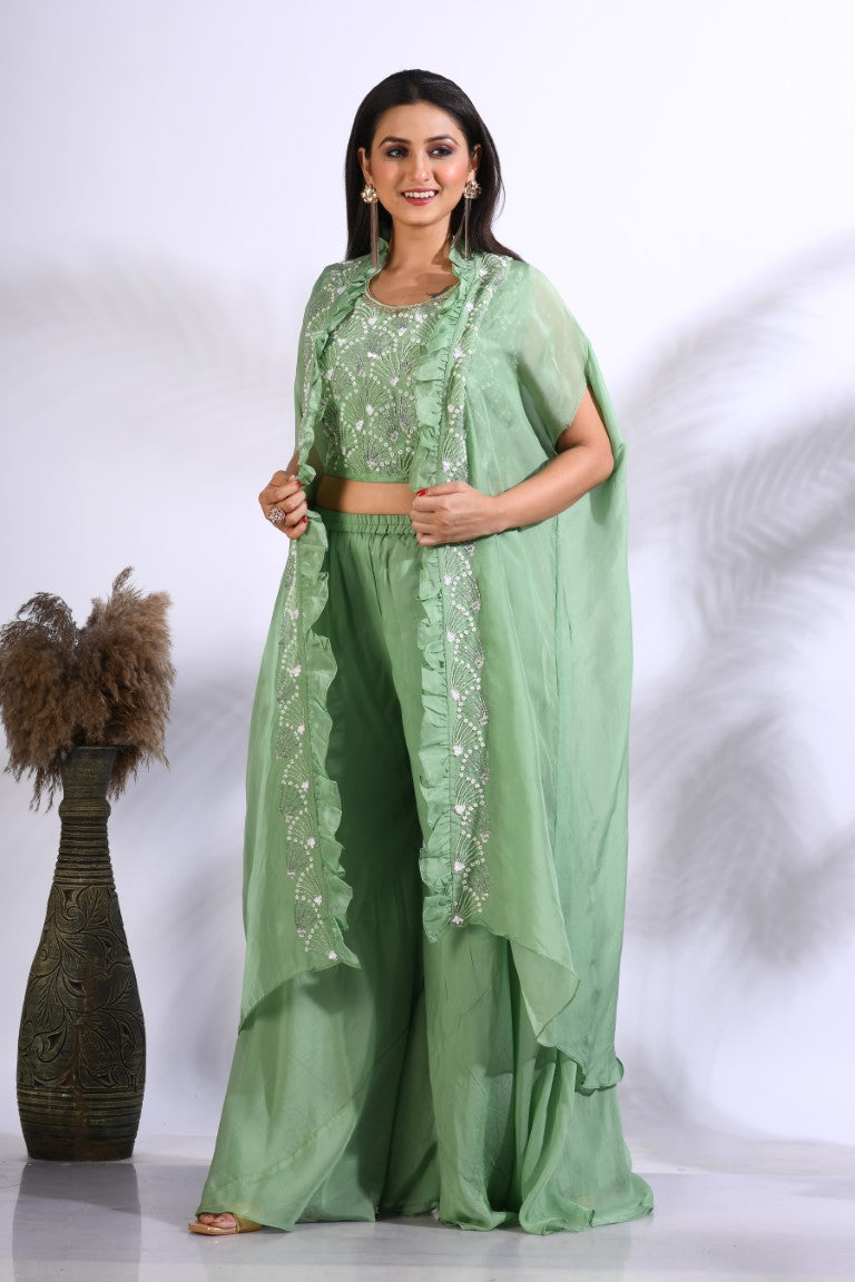 Morchari Top Palazzo With Jacket With Hand Embroidery - Green