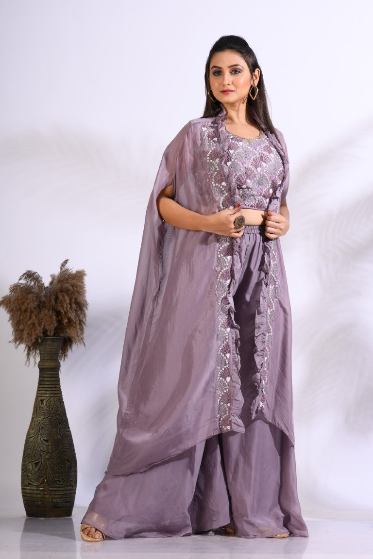 Morchari Top Palazzo With Jacket With Hand Embroidery - Purple - Distacart