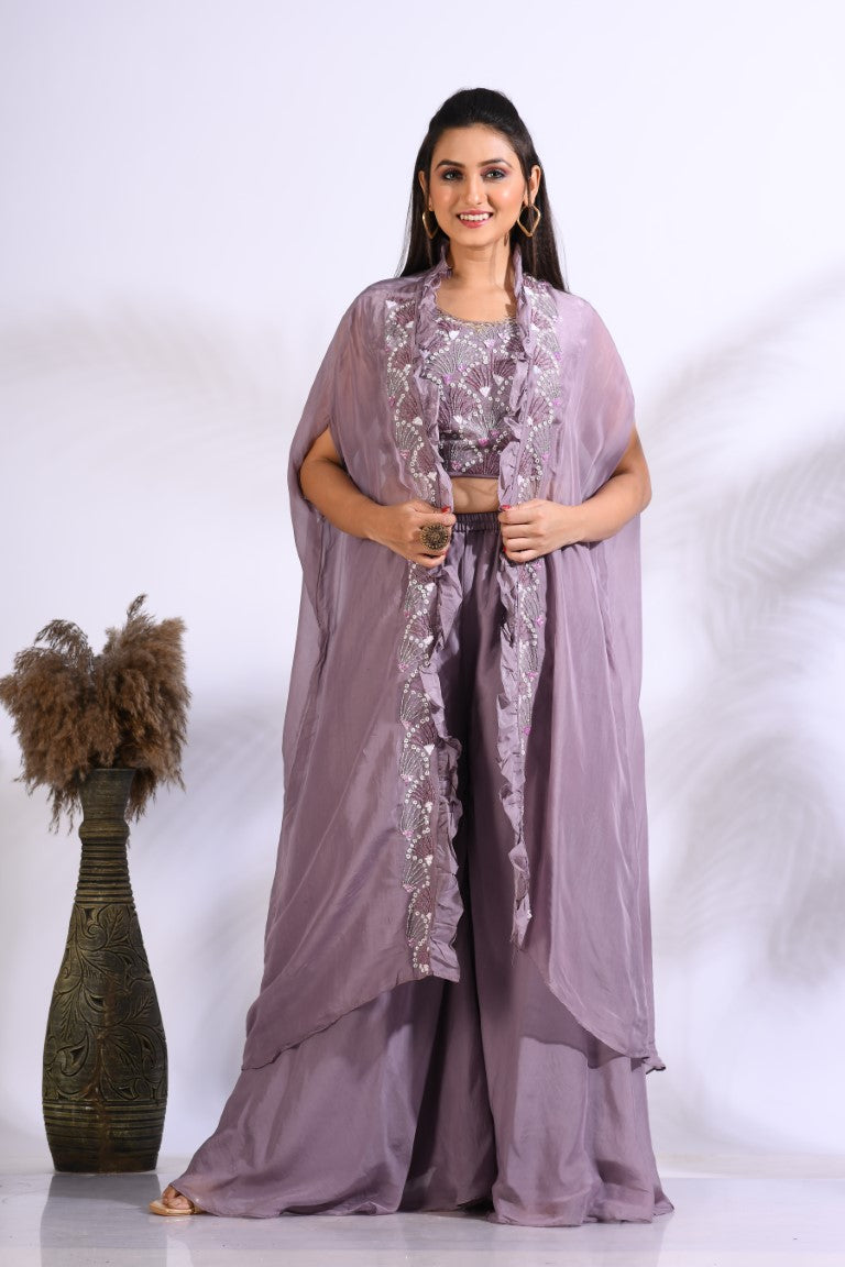Morchari Top Palazzo With Jacket With Hand Embroidery - Purple - Distacart