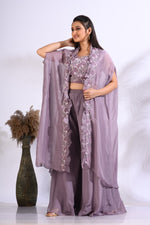 Thumbnail for Morchari Top Palazzo With Jacket With Hand Embroidery - Purple - Distacart