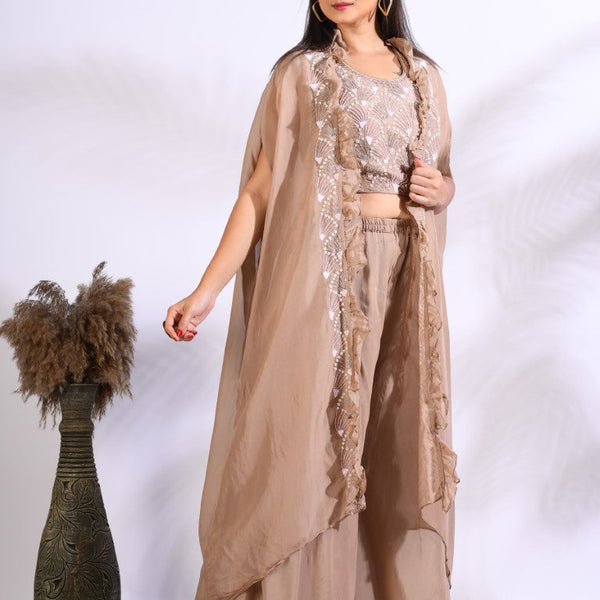 Morchari Top Palazzo With Jacket With Hand Embroidery - Brown - Distacart