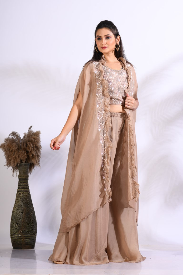 Morchari Top Palazzo With Jacket With Hand Embroidery - Brown - Distacart