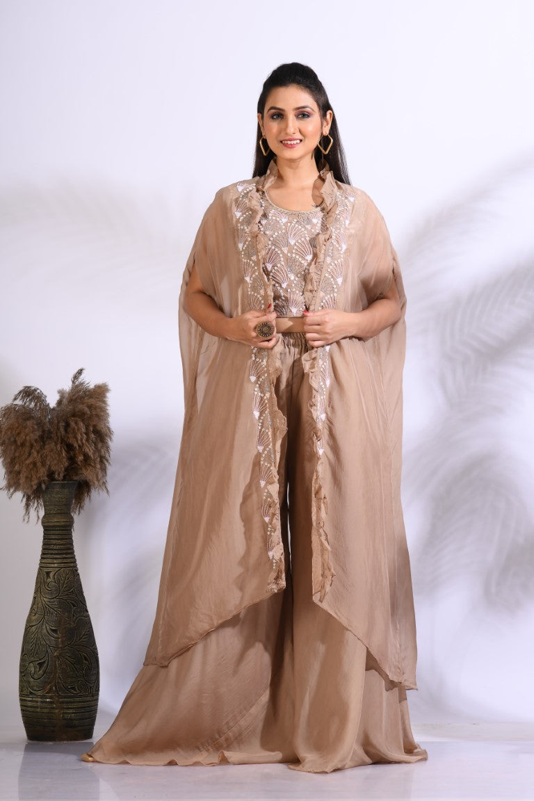 Morchari Top Palazzo With Jacket With Hand Embroidery - Brown