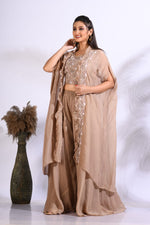 Thumbnail for Morchari Top Palazzo With Jacket With Hand Embroidery - Brown