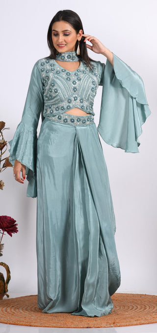 Morchari Crop Top With Dupatta With Hand Embroidery - Grey - Distacart