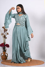 Thumbnail for Morchari Crop Top With Dupatta With Hand Embroidery - Grey