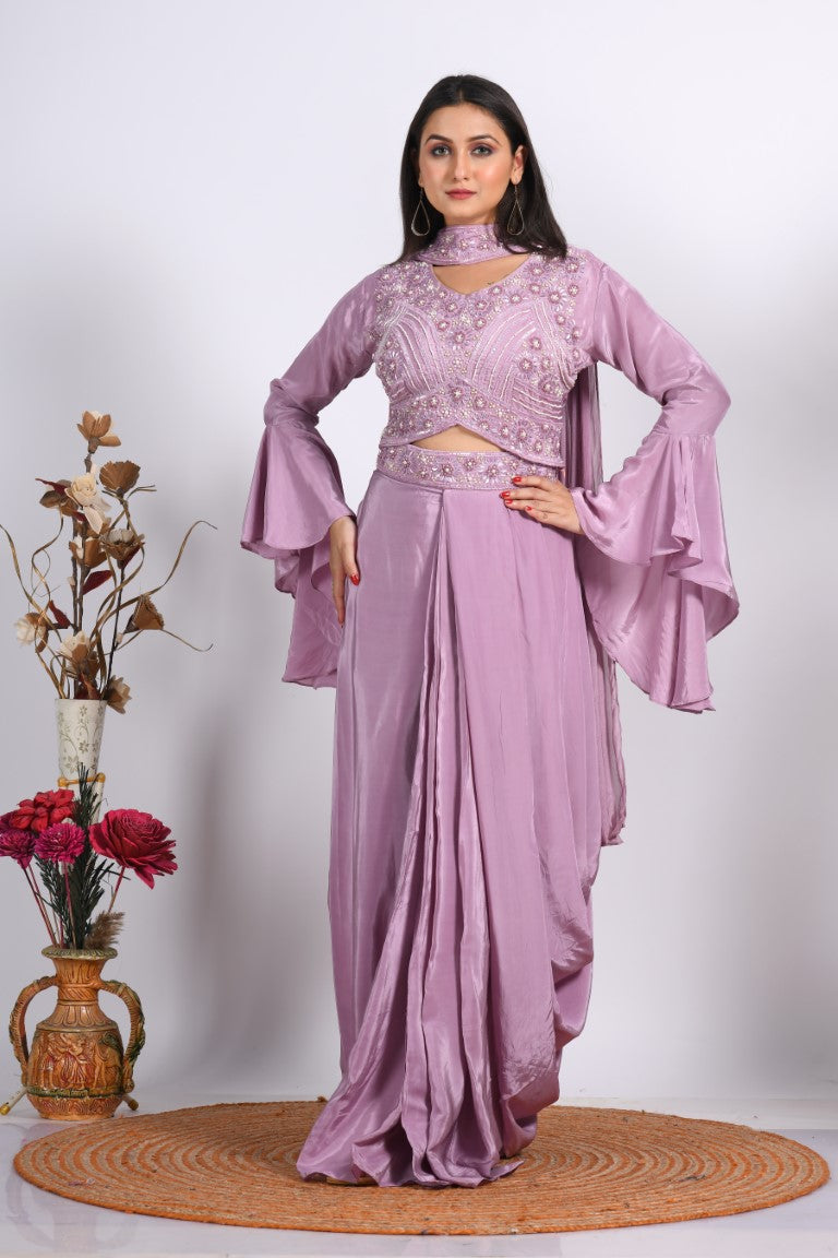 Morchari Crop Top With Dupatta With Hand Embroidery - Purple - Distacart