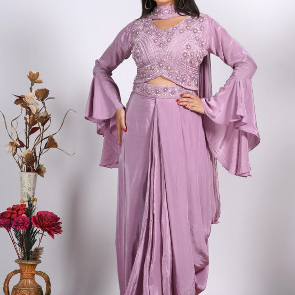 Morchari Crop Top With Dupatta With Hand Embroidery - Purple - Distacart