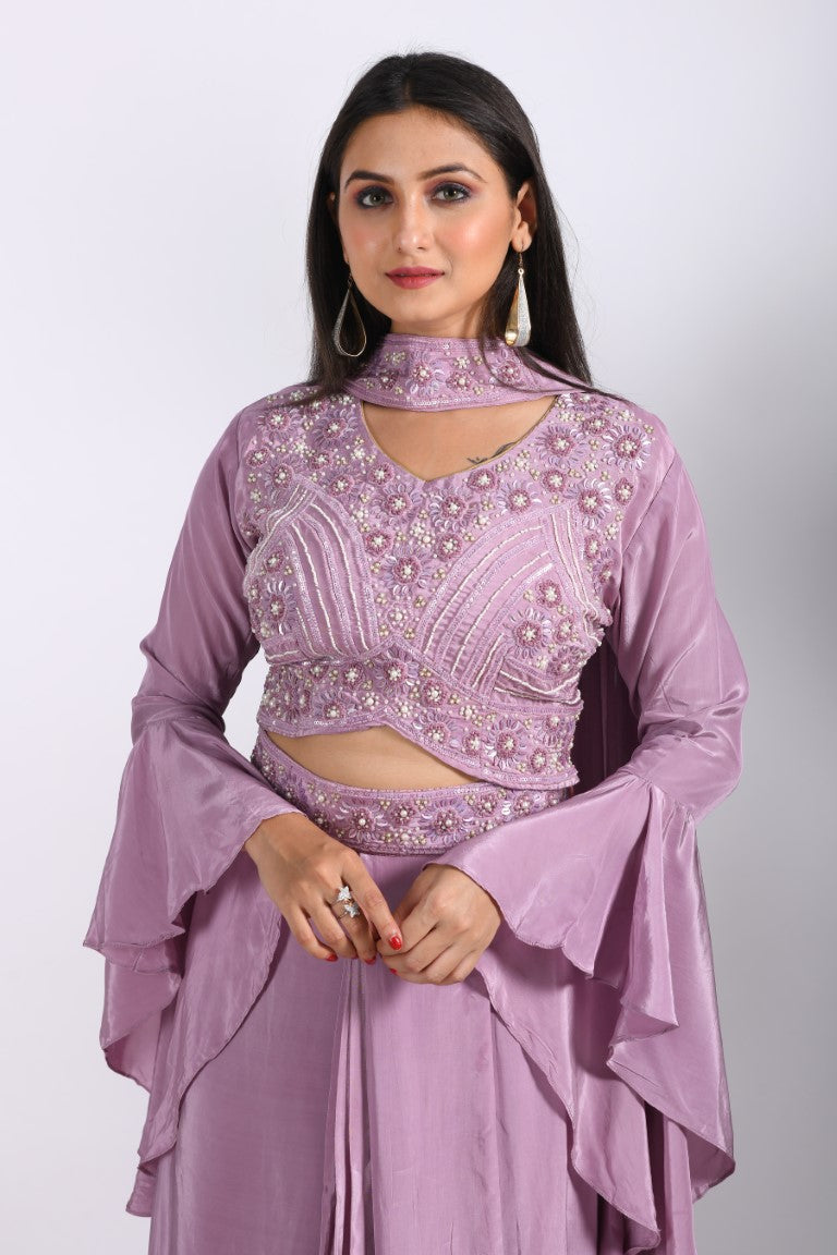 Morchari Crop Top With Dupatta With Hand Embroidery - Purple - Distacart