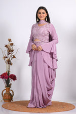 Thumbnail for Morchari Crop Top With Dupatta With Hand Embroidery - Purple - Distacart
