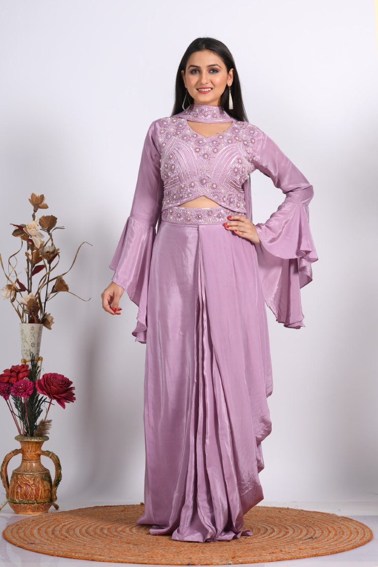 Morchari Crop Top With Dupatta With Hand Embroidery - Purple - Distacart