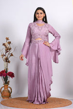Thumbnail for Morchari Crop Top With Dupatta With Hand Embroidery - Purple - Distacart