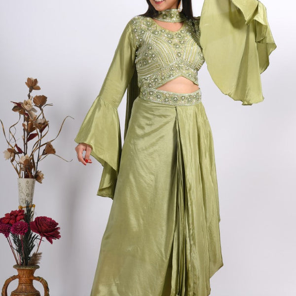Morchari Crop Top With Dupatta With Hand Embroidery - Green - Distacart