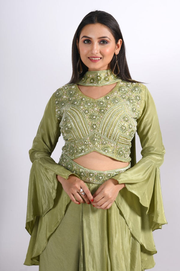 Morchari Crop Top With Dupatta With Hand Embroidery - Green