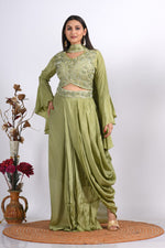 Thumbnail for Morchari Crop Top With Dupatta With Hand Embroidery - Green