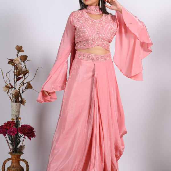 Morchari Crop Top With Dupatta With Hand Embroidery - Peach - Distacart