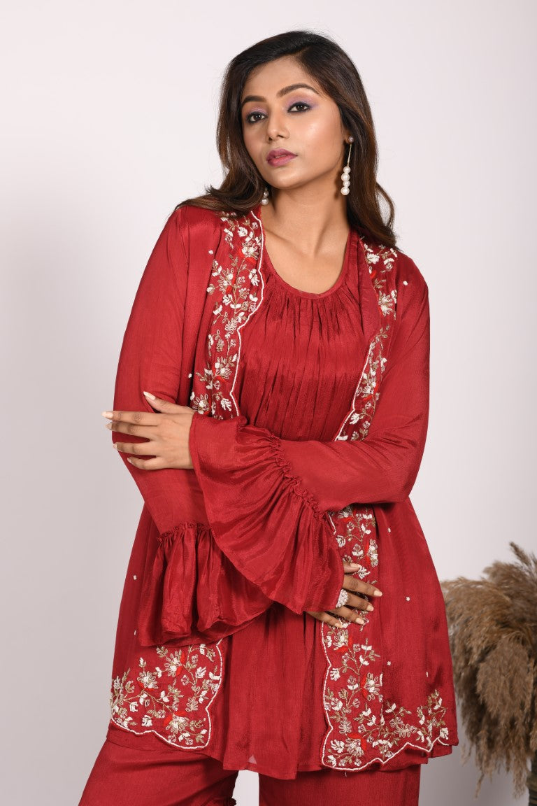 Morchari Jacket With Sharara Set With Hand Embroidery - Red - Distacart