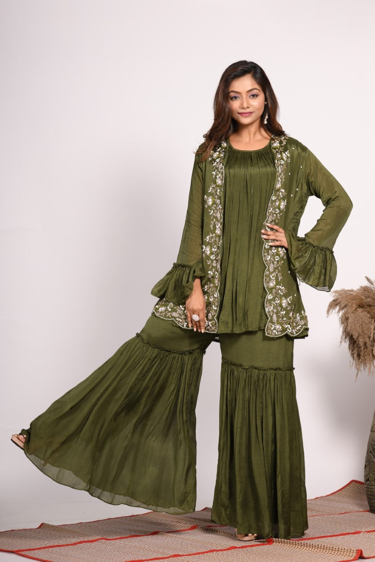 Morchari Jacket With Sharara Set With Hand Embroidery - Green - Distacart