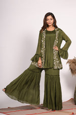 Thumbnail for Morchari Jacket With Sharara Set With Hand Embroidery - Green - Distacart