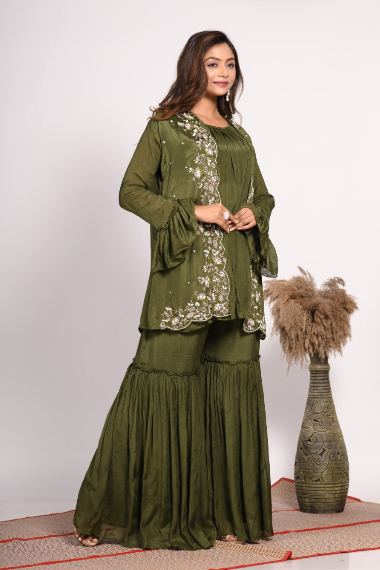 Morchari Jacket With Sharara Set With Hand Embroidery - Green - Distacart