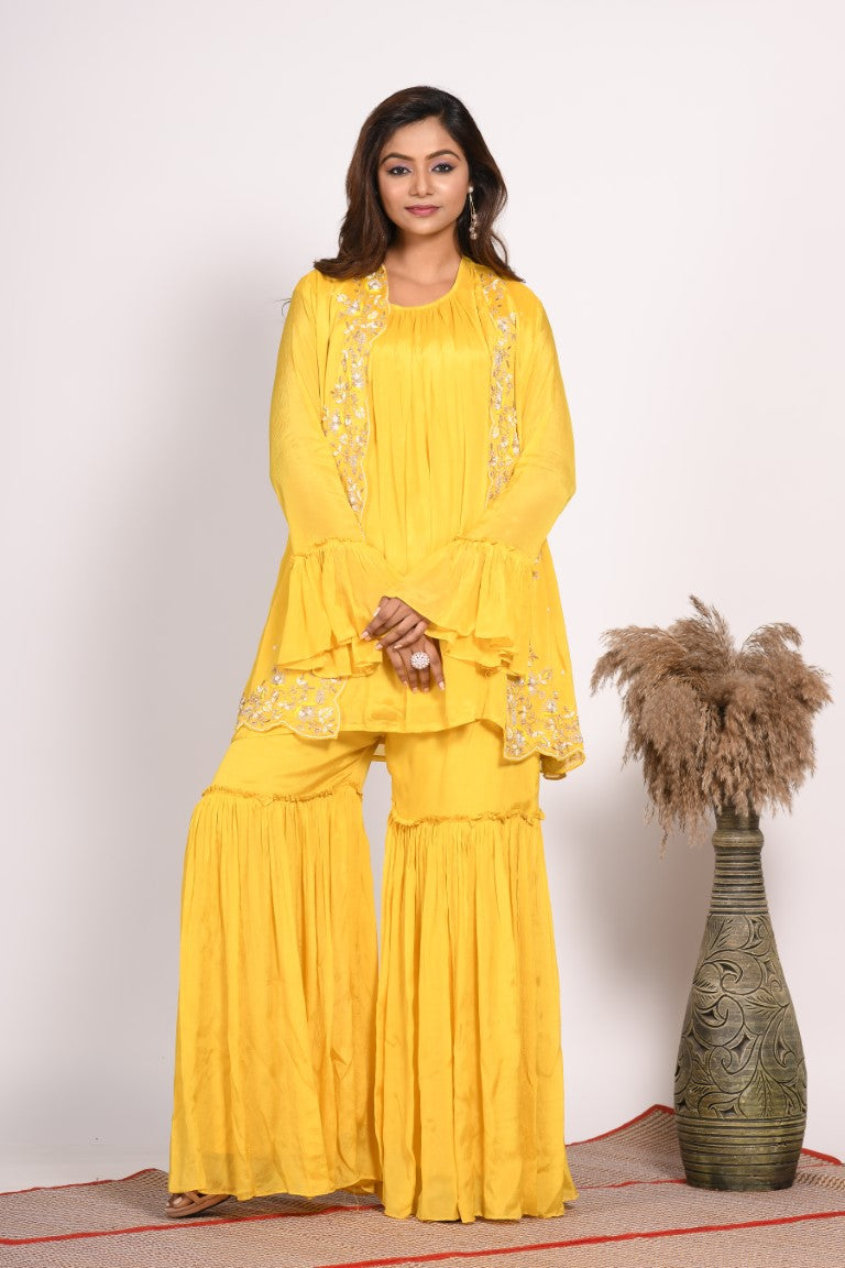 Morchari Jacket With Sharara Set With Hand Embroidery - Yellow - Distacart