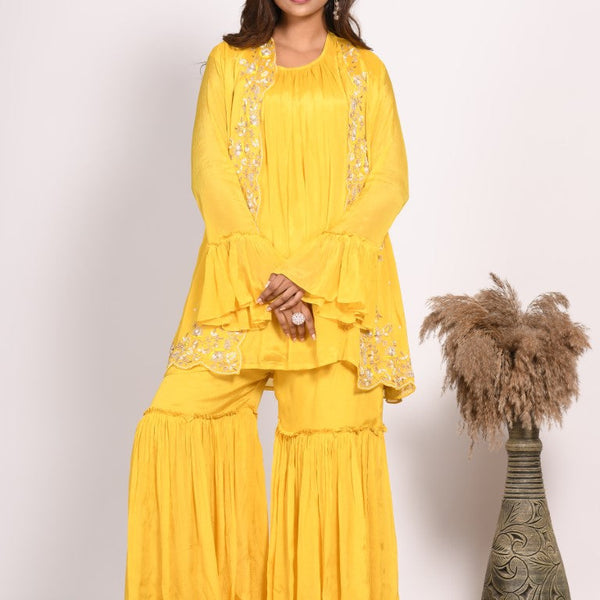 Morchari Jacket With Sharara Set With Hand Embroidery - Yellow - Distacart
