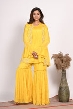 Thumbnail for Morchari Jacket With Sharara Set With Hand Embroidery - Yellow - Distacart