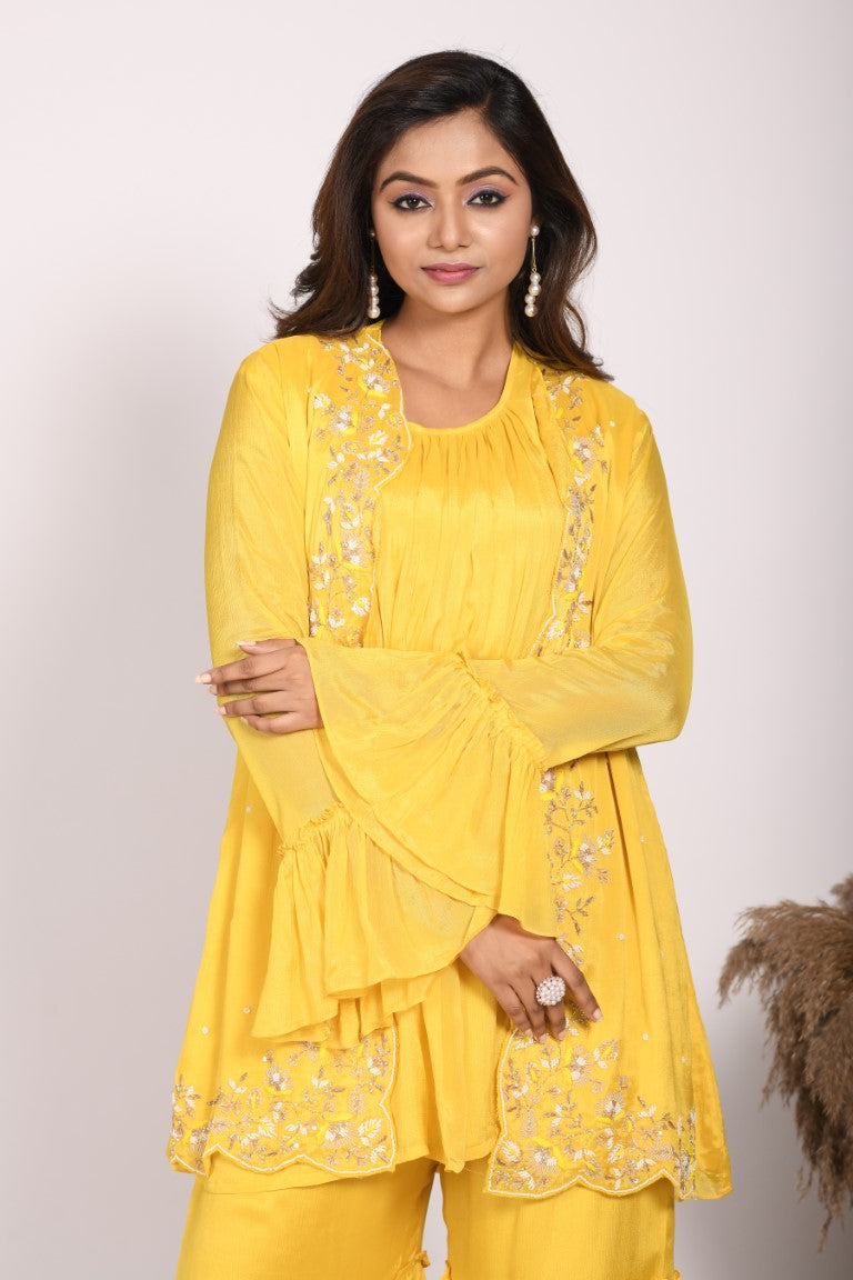 Morchari Jacket With Sharara Set With Hand Embroidery - Yellow - Distacart