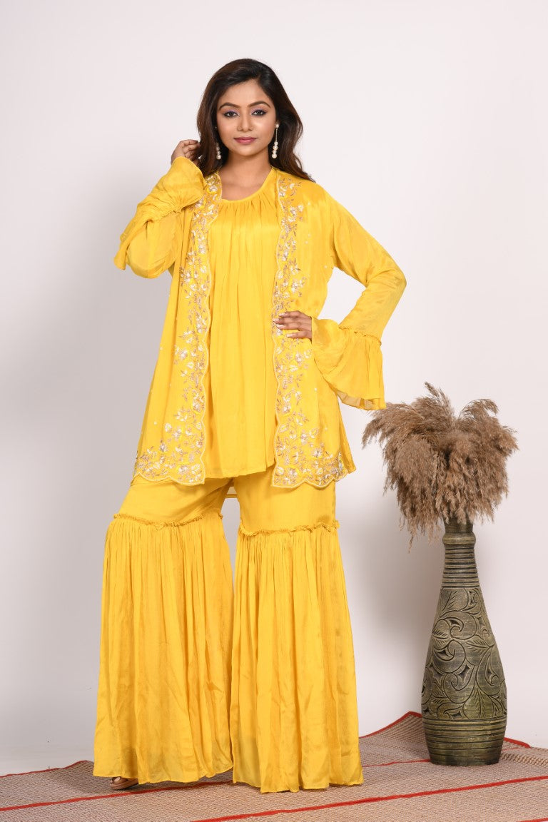 Morchari Jacket With Sharara Set With Hand Embroidery - Yellow - Distacart
