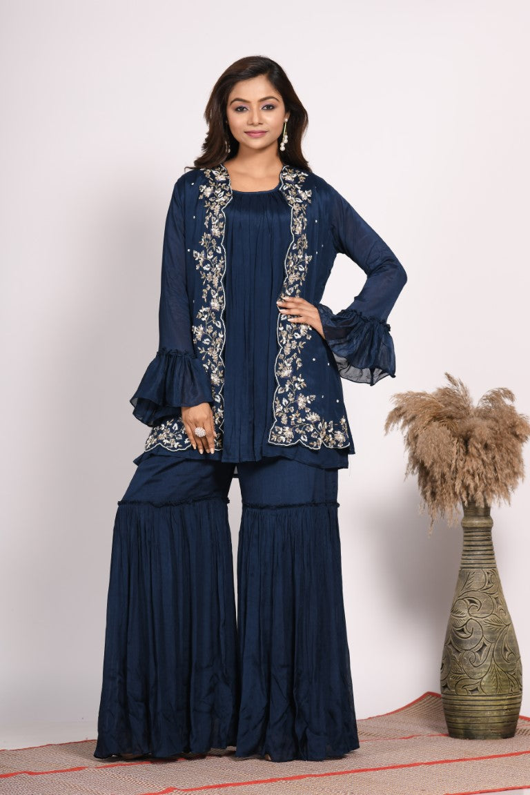 Morchari Jacket With Sharara Set With Hand Embroidery - Blue - Distacart