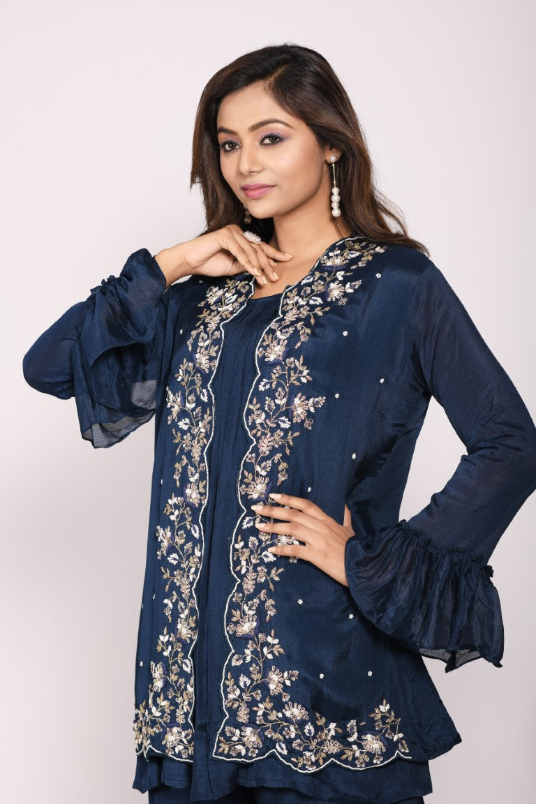 Morchari Jacket With Sharara Set With Hand Embroidery - Blue - Distacart