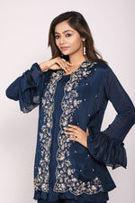 Thumbnail for Morchari Jacket With Sharara Set With Hand Embroidery - Blue - Distacart