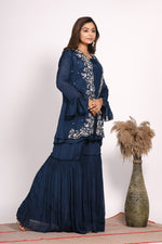 Thumbnail for Morchari Jacket With Sharara Set With Hand Embroidery - Blue - Distacart
