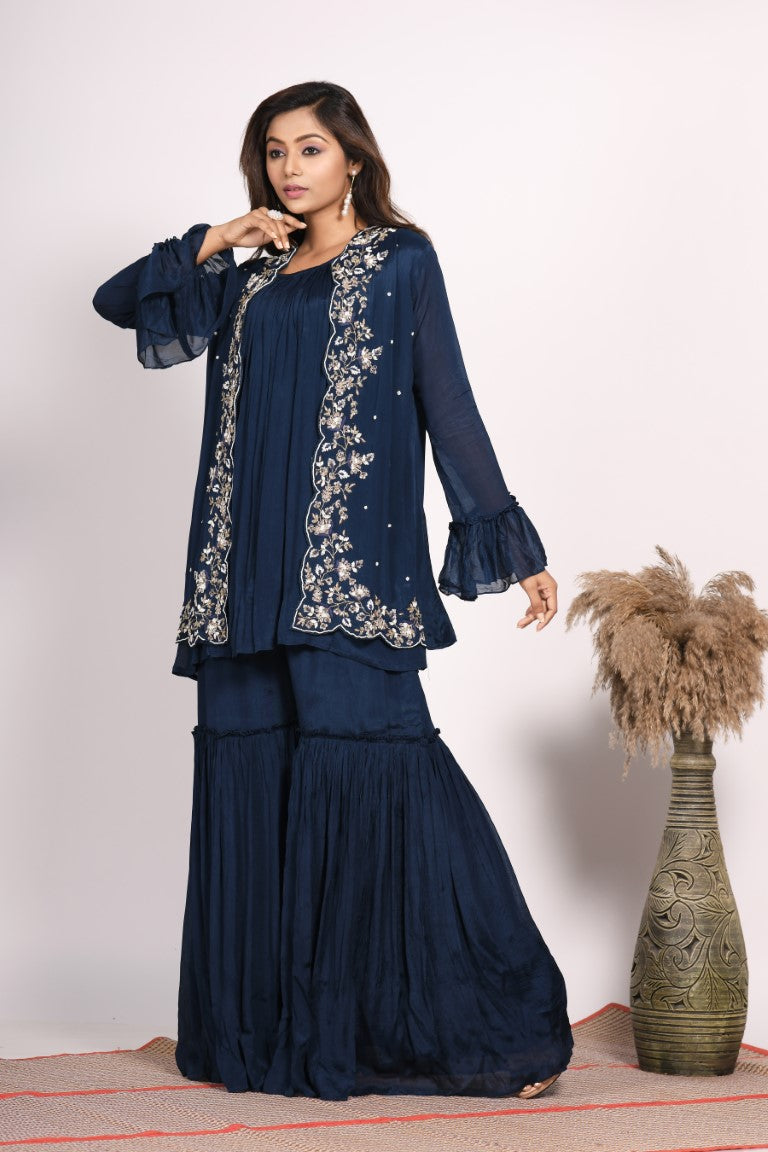 Morchari Jacket With Sharara Set With Hand Embroidery - Blue - Distacart