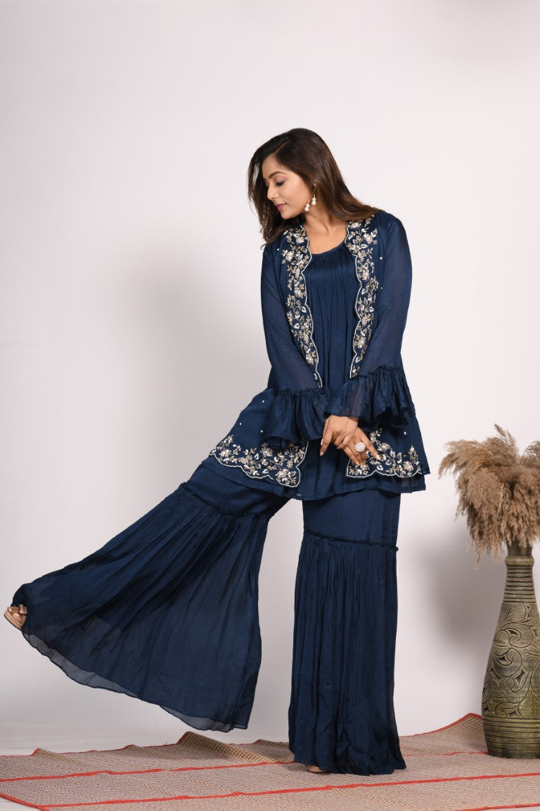 Morchari Jacket With Sharara Set With Hand Embroidery - Blue - Distacart