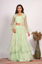 Thumbnail for Morchari Crop Top With Jacket With Hand Embroidery - Green